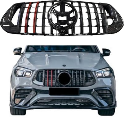 Grill compatibel met Mercedes GLE W167 SUV, C167 Coupe (2018-2023) B-Look Glans Zwart/Carbon Rood Accent