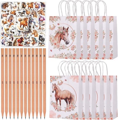 Uitnodigingsset voor Kinderfeestje met Paardenthema - 12 Paardenpotloden, 12 Cadeautasjes en 50 Paardenstickers voor Jongens en Meisjes, Perfect voor Verjaardagen