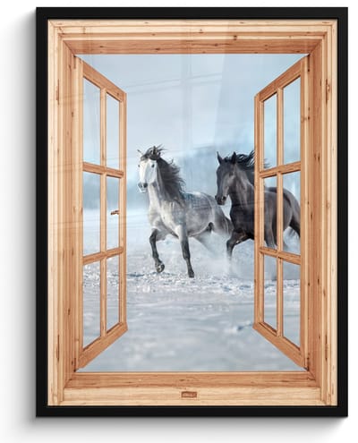 Poster in lijst - Fotolijst 50x70 cm - Posters - Doorkijk - Paarden - Winter - Dieren - Natuur - Hout - Posterlijst zwart - Decoratie - Wanddecoratie woonkamer - Muurdecoratie slaapkamer