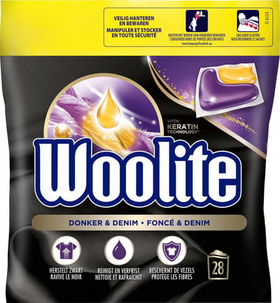 Woolite Zwart, Donker & Denim Wasmiddel met Keratine - 28 Capsules