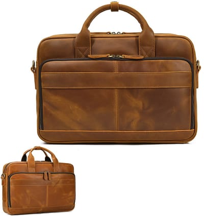 KZQ Zakelijke Laptop Brieftas Voor Heren Van Echt Leer - Retro Design Geschikt Voor 15 Inch Laptop - Handtas Voor Woon Werkverkeer - Lichtbruin