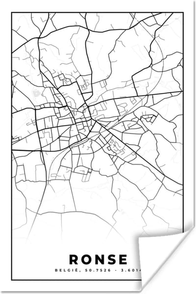Poster Plattegrond – Ronse – Zwart Wit – Stadskaart - Kaart - België - 120x180 cm XXL