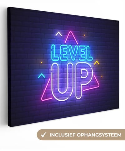 Canvas schilderij 40x30 cm - Wanddecoratie Gaming - Neon - Level Up - Quotes - Gamen - Muurdecoratie game room - Gaming kamer decoratie - Gameroom accessoires - Schilderijen