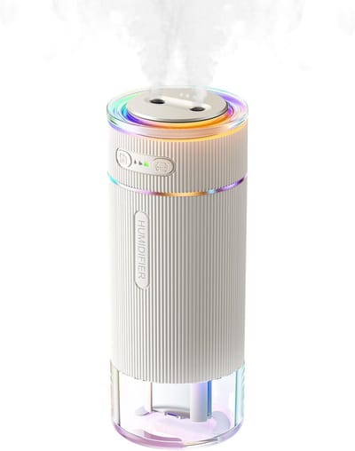 Draagbare Ultrasone Luchtbevochtiger – Dubbele Nozzle, Koele Mist, Sfeerverlichting, Auto Aan/Uit, Voor Slaapkamer, Kantoor, Babykamer & Reizen (Wit)