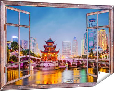 Gards Tuinposter Doorkijk Rivier bij Stad Guiyang in China - 150x100 cm - Tuindoek - Tuindecoratie - Wanddecoratie buiten - Tuinschilderij