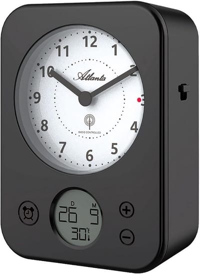 Draadloze wekker met analoge en digitale weergave, datum en temperatuur, zwart