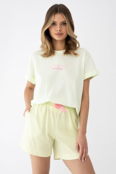 Sensis Katoenen Shortama Pyjama Dames Print Strikje Gestreepte Short Limoen Groen SAVANNA 36 / S