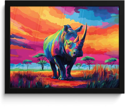 Poster in lijst - Fotolijst 40x30 cm - Posters - Neushoorn - Zonsondergang - Savanna - Kleurrijk - Posterlijst zwart - Decoratie - Wanddecoratie woonkamer - Muurdecoratie slaapkamer