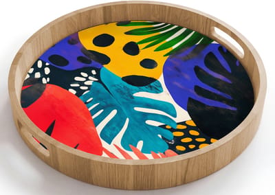 Dienblad rond 40x40 cm - Schootdienblad hout - Bladeren - Vormen - Abstract - Kleurrijk - Borrelplank rechthoek - Plateau houten dienbladen