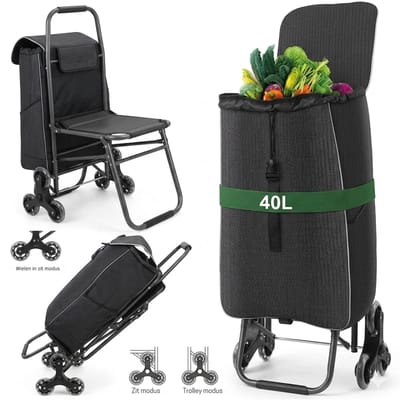 Stervia Boodschappentrolley Met Uitklapstoel - Boodschappentas - Opvouwbaar - 35 Liter - 3 Wielen Beide Kanten - 54 x 32 x 20cm