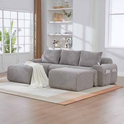 REDOM - 3-Zitsbank - Modulair Met Bekerhouder En Opbergtas - Modern - Voor Woonkamer - Cordstof - Lichtgrijs - 268 x 174 x 66 cm