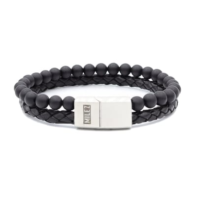 Milez - Armband mannen - armband heren leer met kralen - Zwart - Maat S