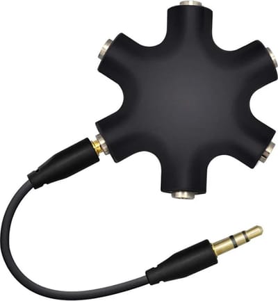DrPhone AUX6 3.5mm Aux Splitter - Stereo-audio-headset Adapter - 6-poorts vrouwelijk - 1 audio-ingang en maximaal 5 audio-uitgangen + M/M 3.5mm aux kabel – Zwart