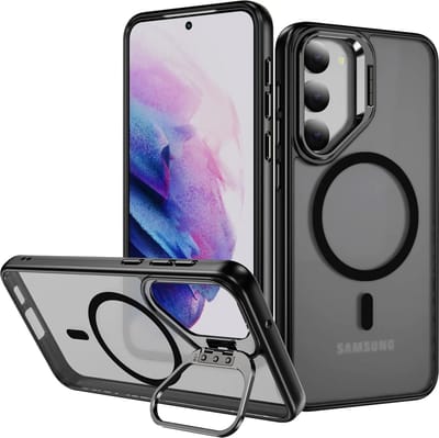 Hoesje Geschikt voor Samsung Galaxy S23 - Compatibel met MagSafe & Qi2 - Back Cover met Standaard - Camera Kickstand - Zwart