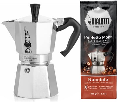 Bialetti Moka Express 2 kops + Bialetti Hazelnoot gemalen koffie 250gr