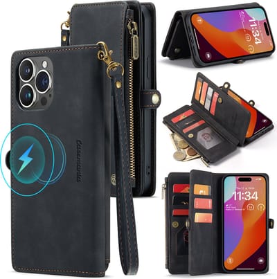 Casemania Hoesje Geschikt voor Apple iPhone 15 - Charcoal Gray - Luxe Portemonnee Book Case met Rits - Geschikt voor MagSafe