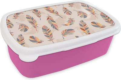 Broodtrommel Roze - Lunchbox - Brooddoos - Veer - Pluimen - Patronen - Pastel - 18x12x6 cm - Kinderen - Meisje