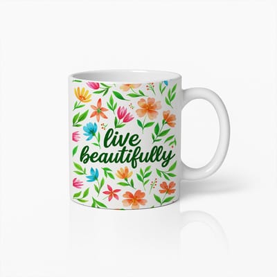 Live Beautifully Mok 330ml – Inspirerende Bloemen Koffiebeker, Positieve Quote Cadeau voor Vrouwen en Natuurliefhebbers