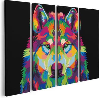 Artaza Canvas Schilderij Vierluik Gekleurde Wolvenkop - Wolf - Abstract - 80x60 - Foto Op Canvas - Canvas Print