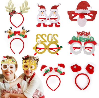 Set van 8 Kersthoofdbanden en Brillen met Diverse Ontwerpen voor Feestelijke Decoratie en Vermaak voor Kinderen en Volwassenen