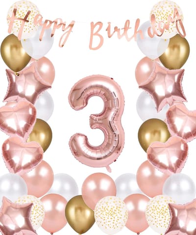 Snoes Ballonnen 3 Jaar Rose Gold White Dots - Compleet Feestpakket met cijfer ballon 3 Jaar - Verjaardag Versiering Slinger Happy Birthday – Folieballon – Latex Ballonnen - Helium Ballonnen - Rose Feestpakket