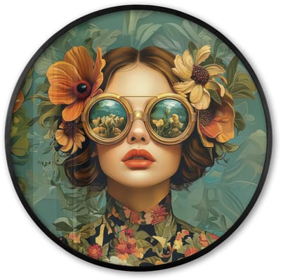 Poster in lijst Rond - Fotolijst 60x60 cm - Posters - Vrouw - Bloemen - Vlinders - Natuur - Vintage - Ronde posterlijst zwart - Decoratie - Wanddecoratie woonkamer - Muurdecoratie slaapkamer