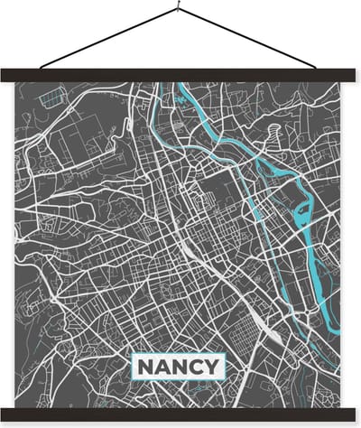 Posterhanger incl. Poster 60x60 cm - Schoolplaat - Nancy - Stad - Stadskaart - Plattegrond - Frankrijk - Textielposter - Zwarte latten - Stadskaart
