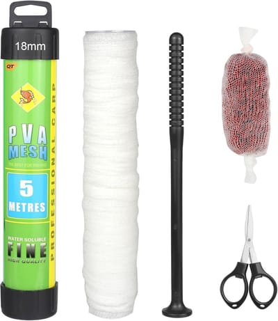 PVA Mesh Kit van 5 meter met Schaar, Trechter en Plunjer voor Karpers - Snelle Oplossing voor Boilie Bait en Voedingssystemen met Diverse PVA Tassen van 18, 25 en 37 mm