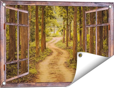 Gards Tuinposter Doorkijk Pad in het Bos met Bomen - 60x40 cm - Tuindoek - Tuindecoratie - Wanddecoratie buiten - Tuinschilderij