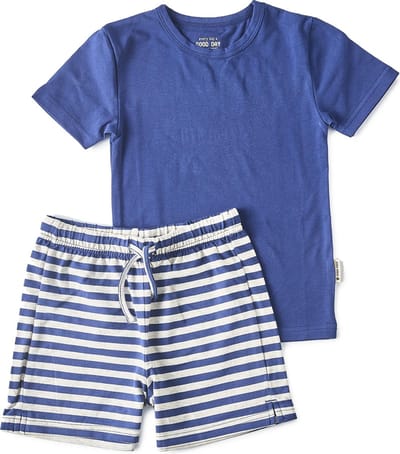 Little Label Pyjama Jongens Maat 122-128 - Blauw, Grijs - Zachte BIO Katoen - Shortama - 2-delige zomer pyama jongens - Gestreept