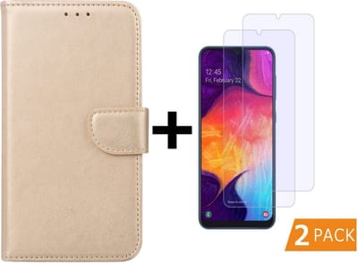 Ntech Hoesje Geschikt Voor Samsung Galaxy A50 Portemonnee hoesje - Goud Met 2 stuks Glazen screenprotector