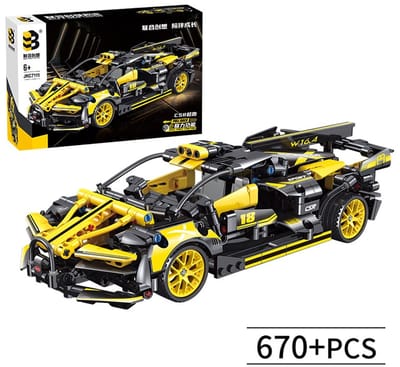 Supercar-bouwset, automodelbouwspeelgoed op schaal 1:18, racewagen ,Trek auto terug/verjaardags- en vakantiecadeaus Zwart en Geel (670 stuks)
