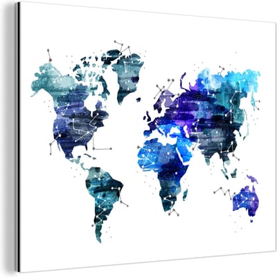 Aluminium schilderij 160x120 cm - Wanddecoratie metaal - Wereldkaart - Sterren - Blauw - Metalen muurdecoratie woonkamer - Decoratie industrieel - Foto op dibond - Industriële accessoires slaapkamer
