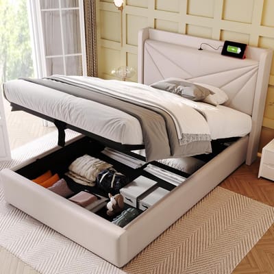 Gestoffeerd bed, eenpersoonsbed, opbergruimte, bedlade met USB type C oplaadfunctie, hoofdeinde, opbergbedden, bedframe van linnen materiaal, tienerbed, 90 x 200 cm, met lattenbodem (90 x 200 cm,