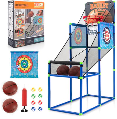 COSTWAY Arcade Basketbal-speelset, basketbalstandaard met scorebord en geluidseffect, basketbalkorf incl. 2 basketballen, 1 pomp, 2 doelschijven, 8 klittenbandballen, basketbalautomaat voor binnen en