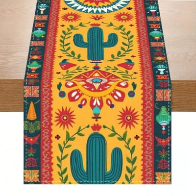 1 stuks Feestelijke Tafel Runner, Rechthoekig Geweven Cactus en Bloemen Design, Perfect voor Mexicaans Feest Keuken en Koffietafel Decor 150x33cm black