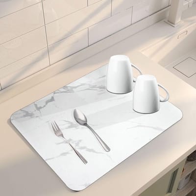 40 x 30 cm, keukendroogmat met antislip bodem, sneldrogende vaatmat, absorberende koffiemachinemat, aanrechtbeschermer voor aanrechtblad, gootsteen (wit marmer)