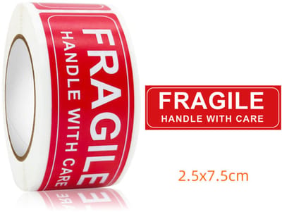Fragile Stickers op Rol met tekst: Handle with care - 75x25MM - 150 stickers Breekbaar/Verhuisstickers/Voorzichtig