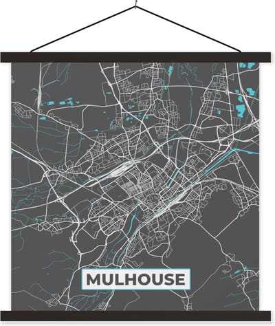 Posterhanger incl. Poster 60x60 cm - Schoolplaat - Mulhouse - Frankrijk - Kaart - Plattegrond - Stadskaart - Textielposter - Zwarte latten - Stadskaart