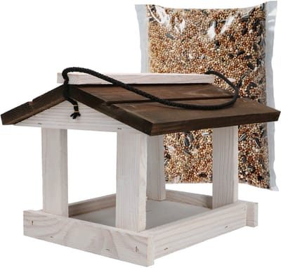 KOTARBAU® Vogelvoederhuisje Om Op Te Hangen, Hout, 23.5x21x18 cm, Hangend Vogelvoederhuisje, Natuurlijk, Wit & Bruin- Vogelvoer 0.5 kg, Tuindecoratie
