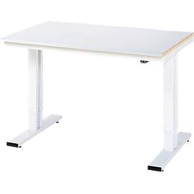 Rau werktafel Adlatus, elektrisch in hoogte verstelbaar, 25 mm spaanplaat, bekleding linoleum, tot 300 kg, B 750 x D 800 x H 720-1120 mm, lichtgrijs/lichtgrijs