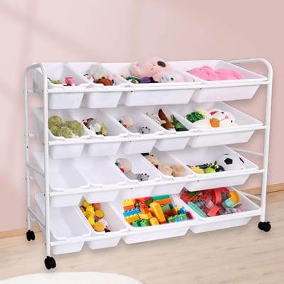 Dailygoods- Speelgoedopberger 4-Laags - Opbergrek - Boekenplankhouder - Kunststof/ijzer - 18 Bakken - 124 x 84 x 28 cm - Opbergkast