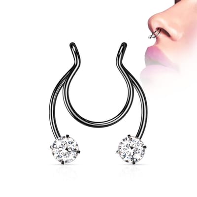 Fake clip on met steentje septum, tepel of oor zwart - LMPiercings