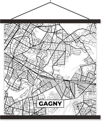 Posterhanger incl. Poster 60x60 cm - Schoolplaat - Stadskaart - Frankrijk - Gagny - Kaart - Plattegrond - Zwart wit - Textielposter - Zwarte latten - Stadskaart