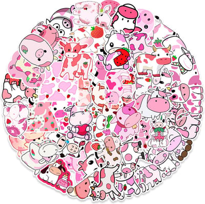 Schattige roze Koeien stickers | 50 stuks | schattige dieren, boerderij, beesten, cartoon | Stickermix voor laptop, muur, fiets, skateboard, koelkast etc. | Geschikt voor kinderen