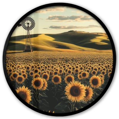 Poster in lijst Rond - Fotolijst 40x40 cm - Posters - Zonnebloem - Veld - Windmolen - Ronde posterlijst zwart - Decoratie - Wanddecoratie woonkamer - Muurdecoratie slaapkamer