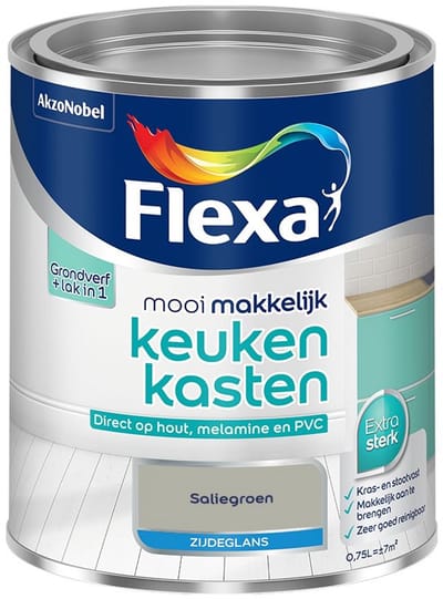 Flexa - Mooi Makkelijk Keukenkasten Zijdeglans - Saliegroen - Mengverf - 750 Ml