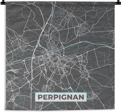 Wandkleed - Wanddoek - Frankrijk - Perpignan - Stadskaart - Kaart - Plattegrond - 180x180 cm - Wandtapijt