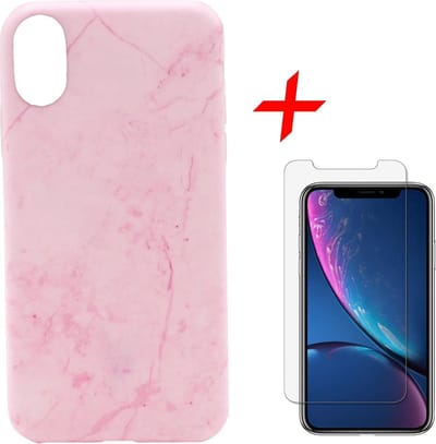 Marmer Hoesje geschikt voor Apple iPhone Xr Siliconen TPU Soft Gel Case Roze + Tempered Glass Screenprotector van iCall