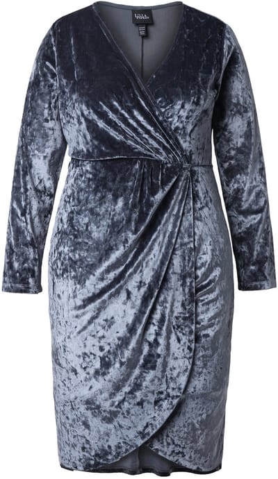 Ulla Popken - Dames - Midi-jurk van fluweel wikkellook V-hals lange mouwen - Leisteen - Maat 42